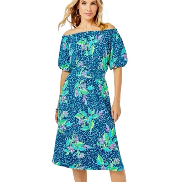 Lilly Pulitzer Camille Off The Shoulder Dress Turquoise Hot on the Spot Sz XXS - Picture 1 of 13